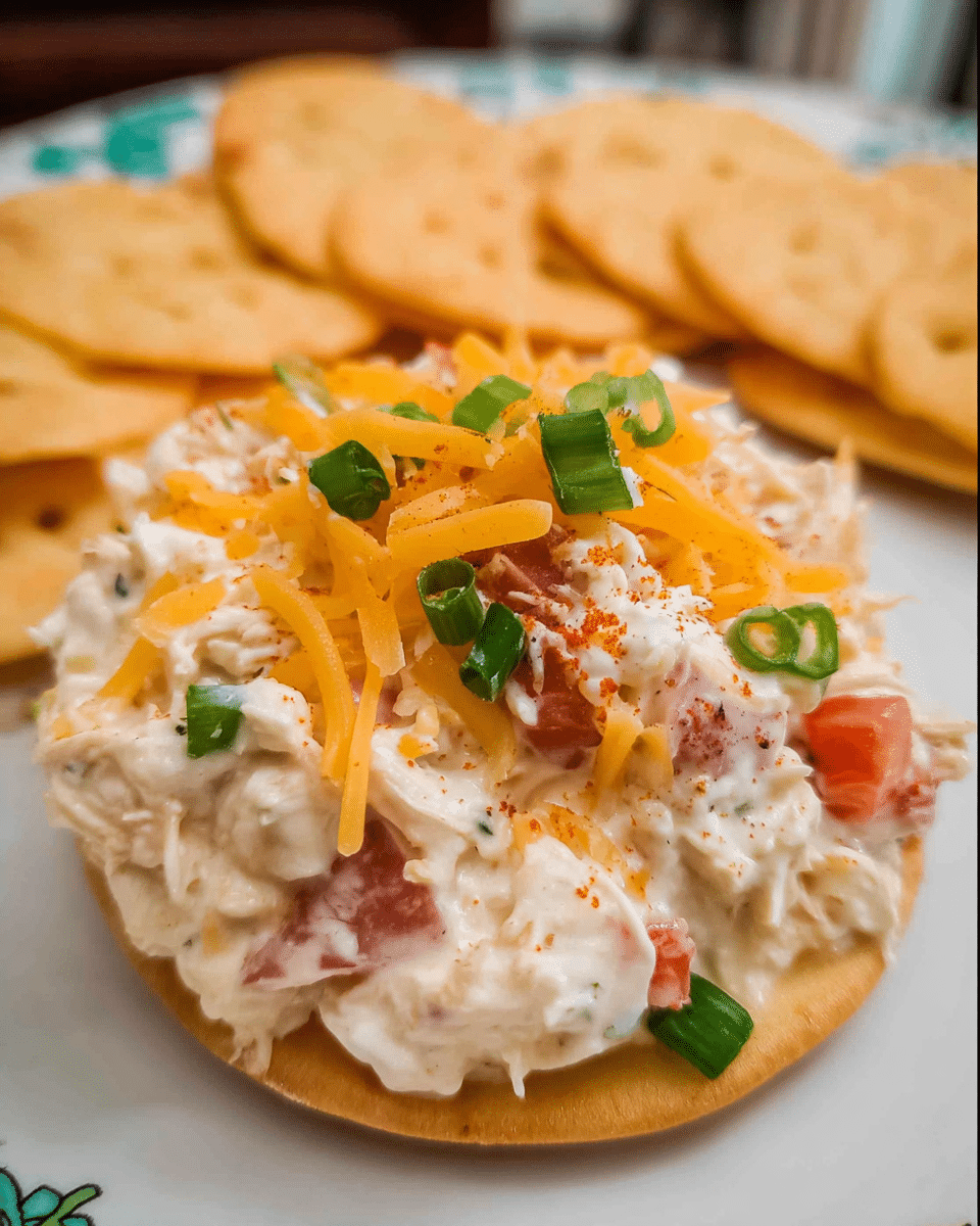 Ultimate Loaded Garlic Chicken Dip served in a bowl with chips