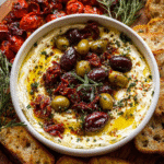 Creamy whipped feta dip topped with roasted olives and sun-dried tomatoes
