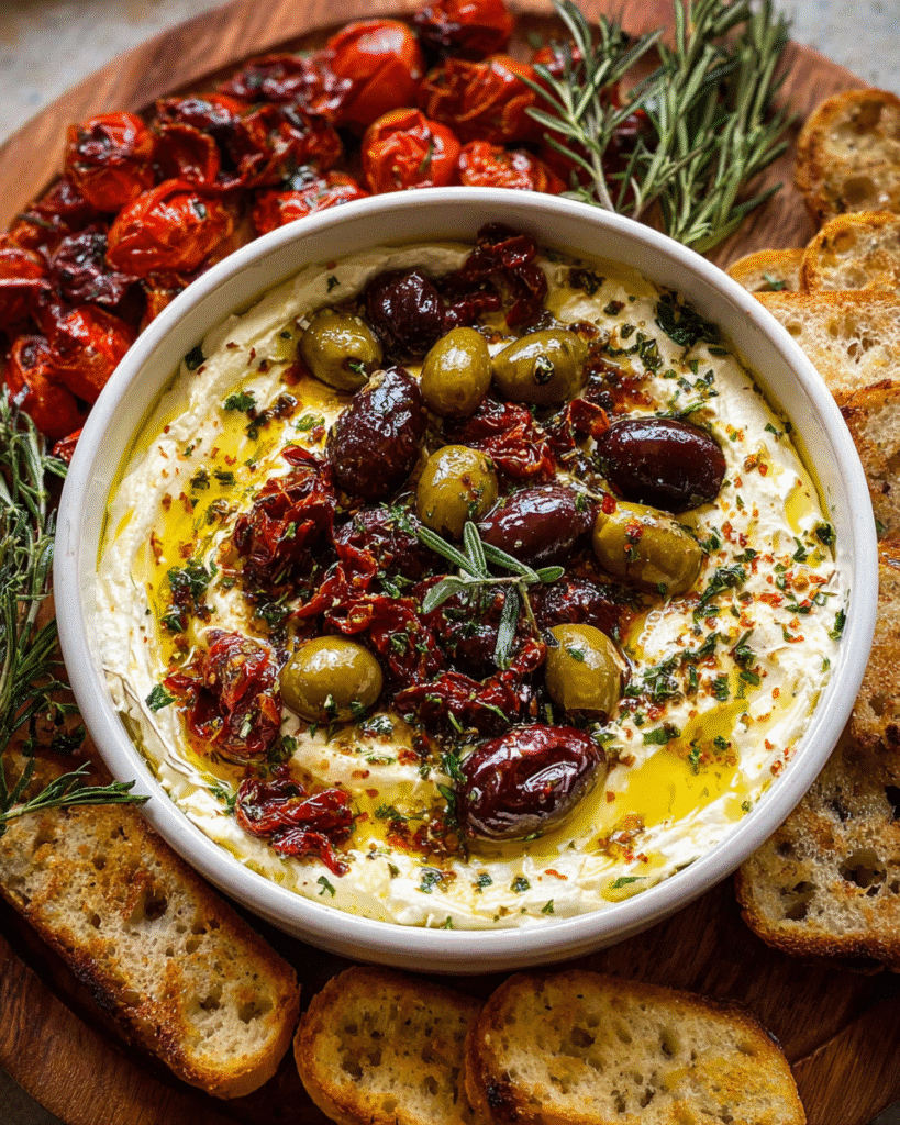 Creamy whipped feta dip topped with roasted olives and sun-dried tomatoes