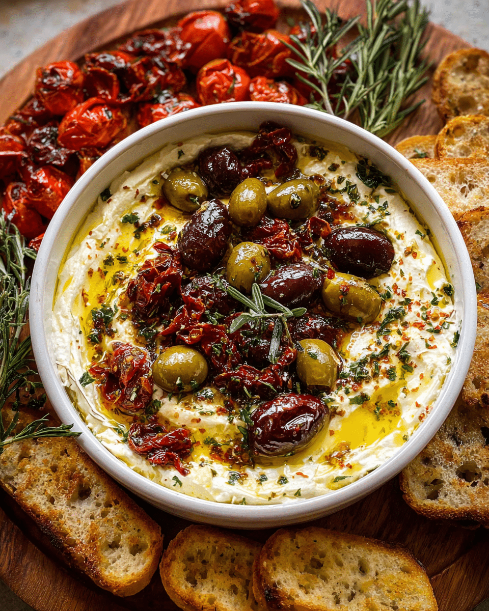 Creamy whipped feta dip topped with roasted olives and sun-dried tomatoes