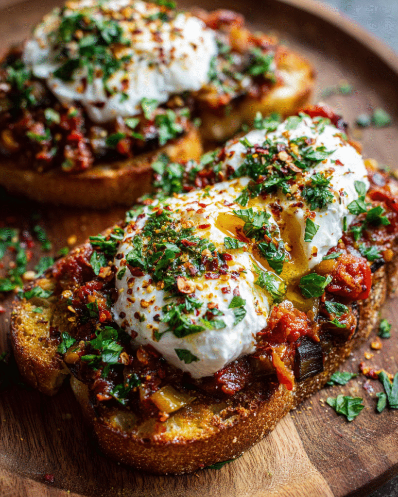 Zaalouk toasts topped with creamy burrata and herbs