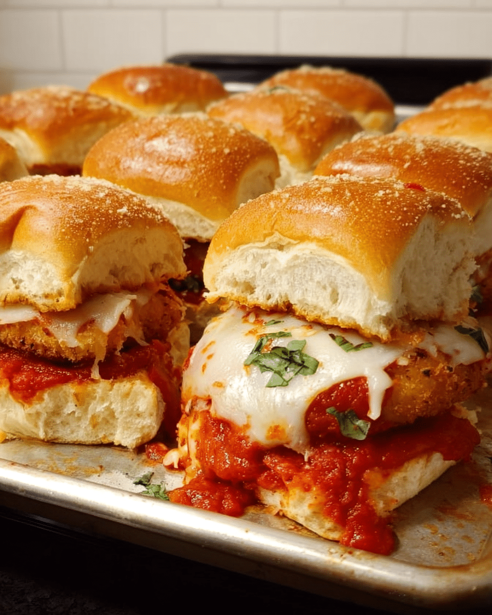 cheesy baked chicken parm sliders in casserole dish