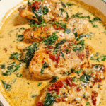 Creamy baked chicken breasts with spinach and sun-dried tomatoes