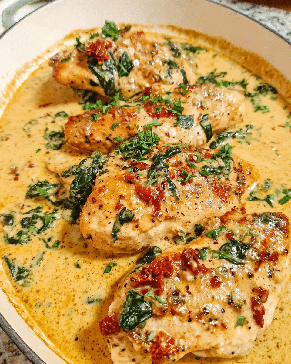 Creamy baked chicken breasts with spinach and sun-dried tomatoes