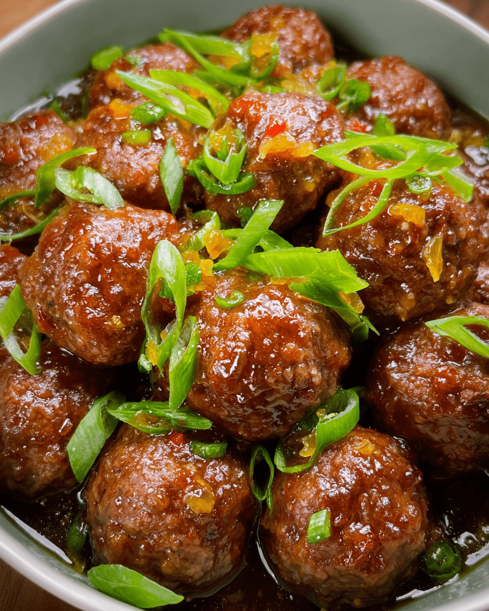 Orange marmalade glazed meatballs in a serving dish