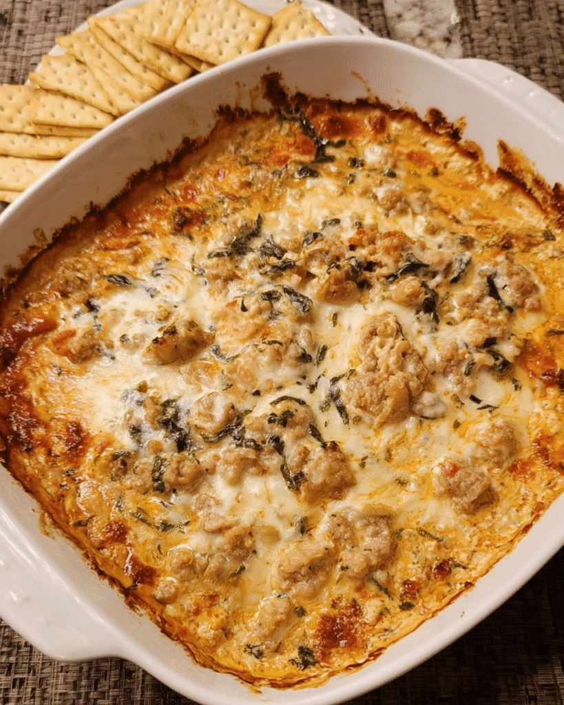 Tuscan Sausage and Bean Dip fresh from oven