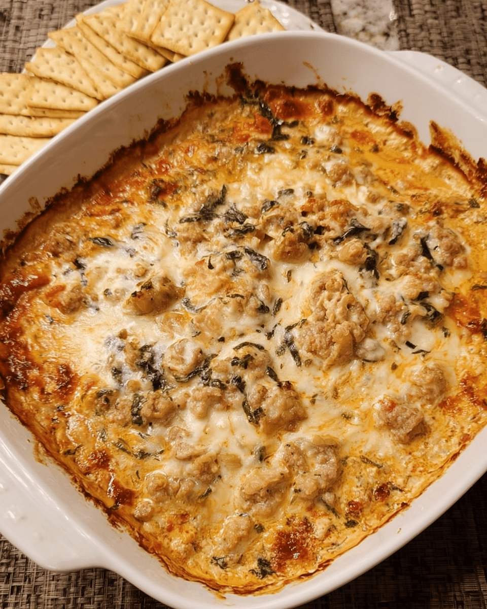 Tuscan Sausage and Bean Dip fresh from oven