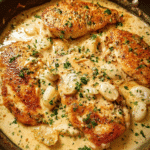 Creamy baked chicken with garlic sauce in skillet