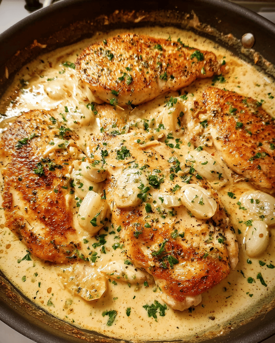 Creamy baked chicken with garlic sauce in skillet