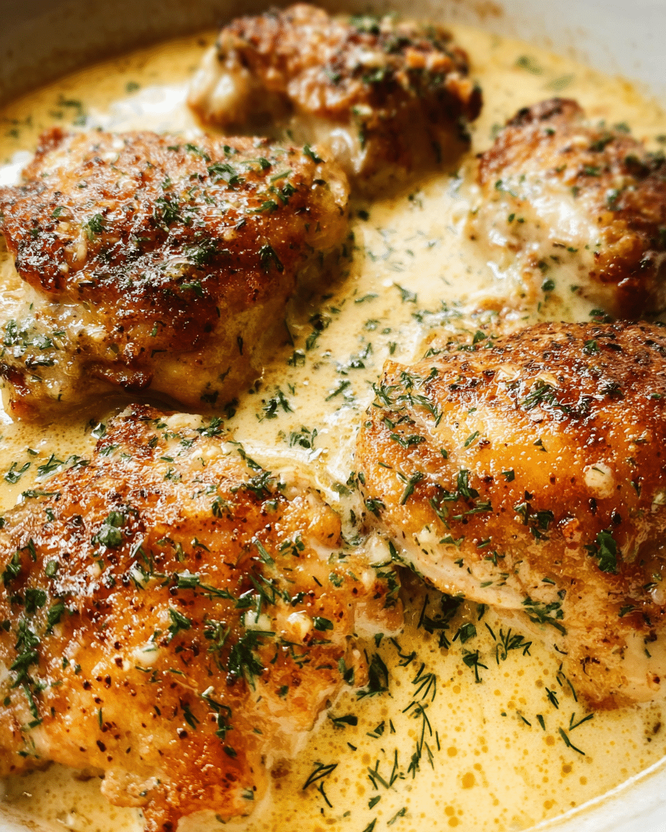 Creamy baked chicken thighs in skillet with garlic sauce