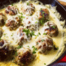 baked creamy meatball casserole with melted cheese