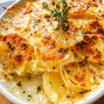 Golden baked creamy potato gratin with melted cheese