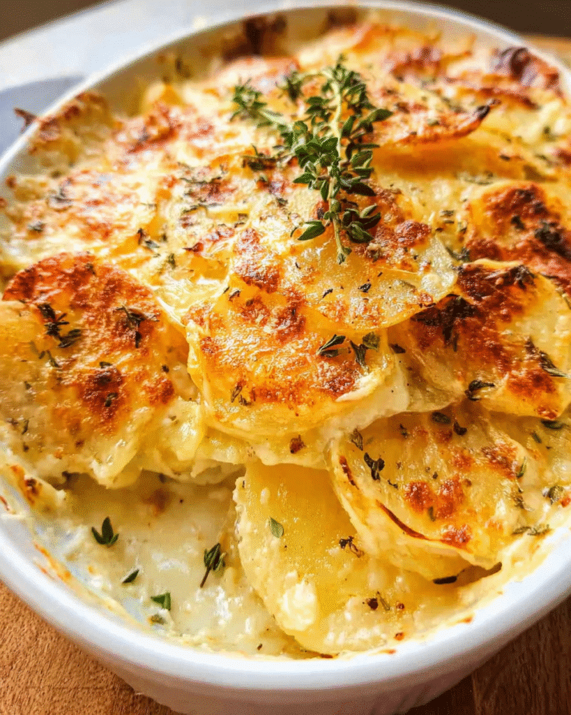 Golden baked creamy potato gratin with melted cheese