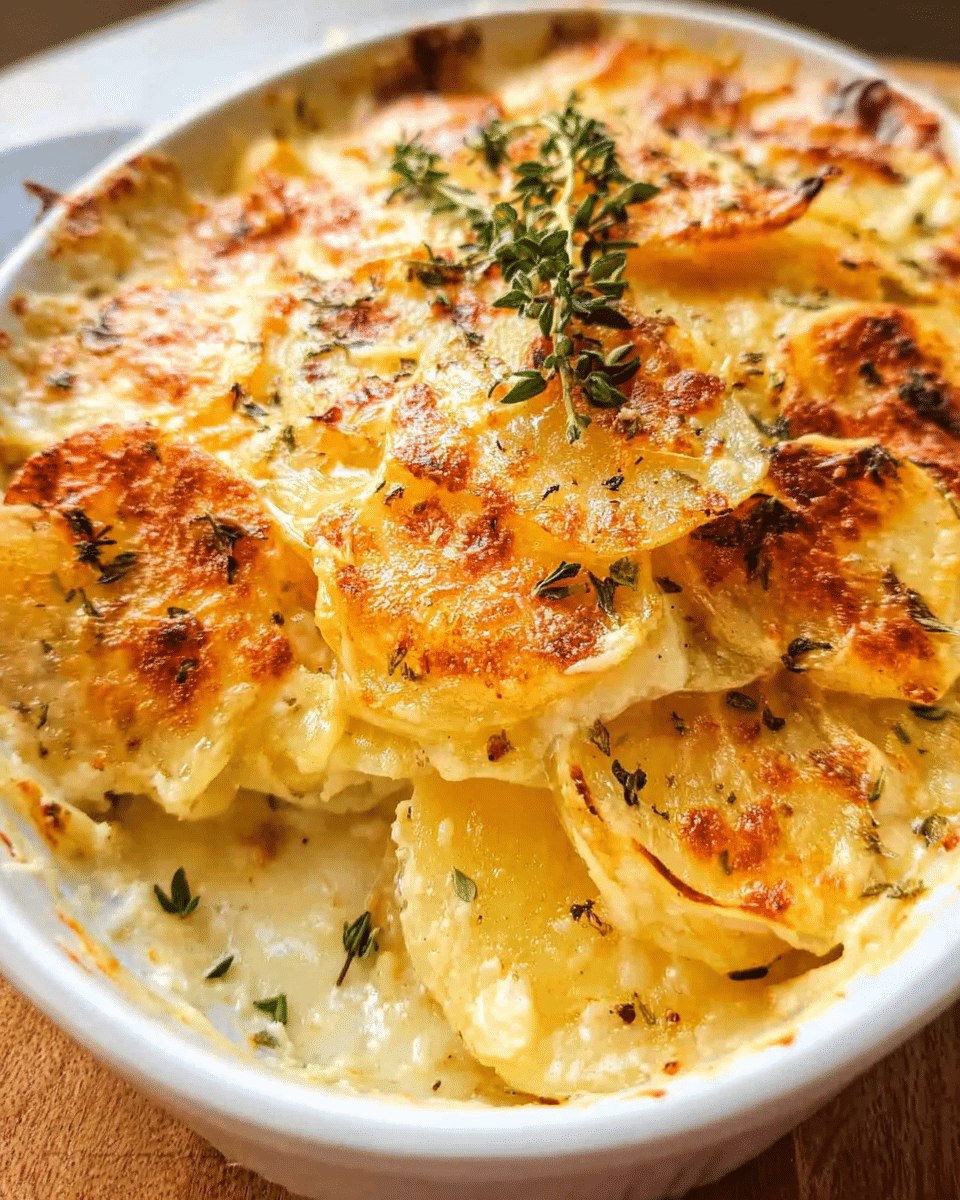 Golden baked creamy potato gratin with melted cheese