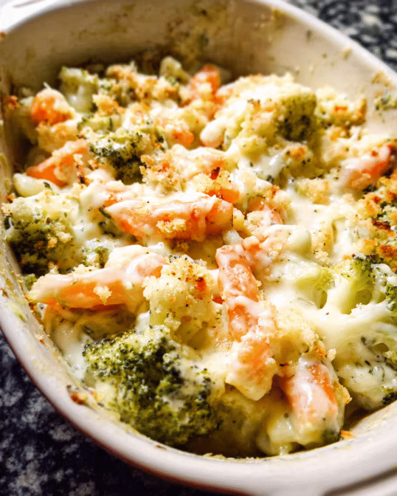 baked creamy vegetable casserole with cheese and breadcrumbs