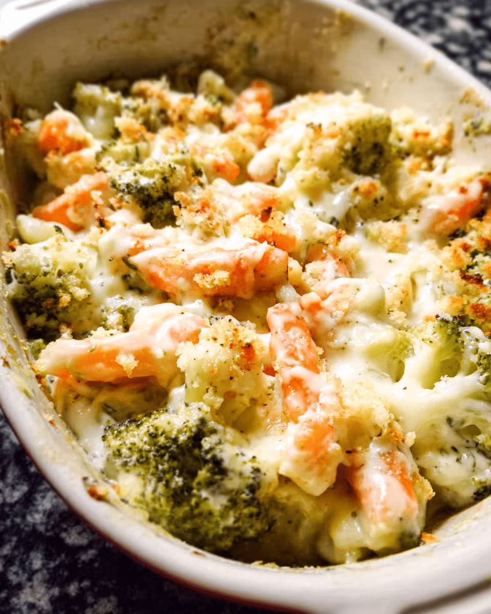 baked creamy vegetable casserole with cheese and breadcrumbs