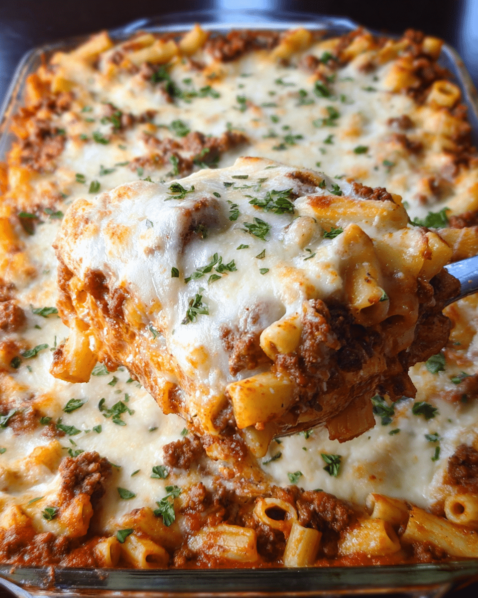 baked ziti with ricotta cheese fresh from oven