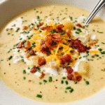 Creamy cheesy baked potato soup topped with chives and smoked turkey