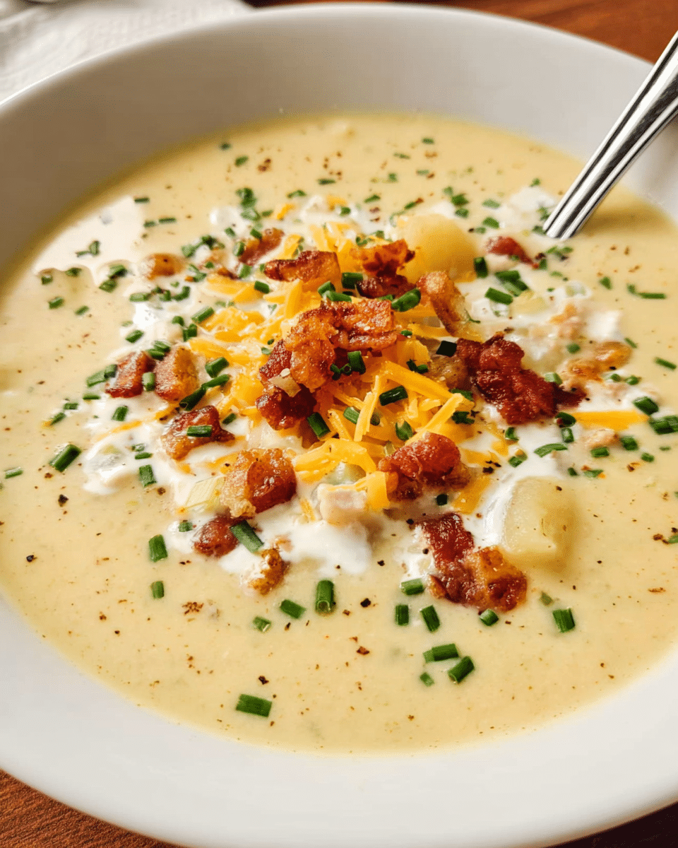 Creamy cheesy baked potato soup topped with chives and smoked turkey