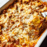 Cheesy baked ravioli fresh from oven with melted cheese