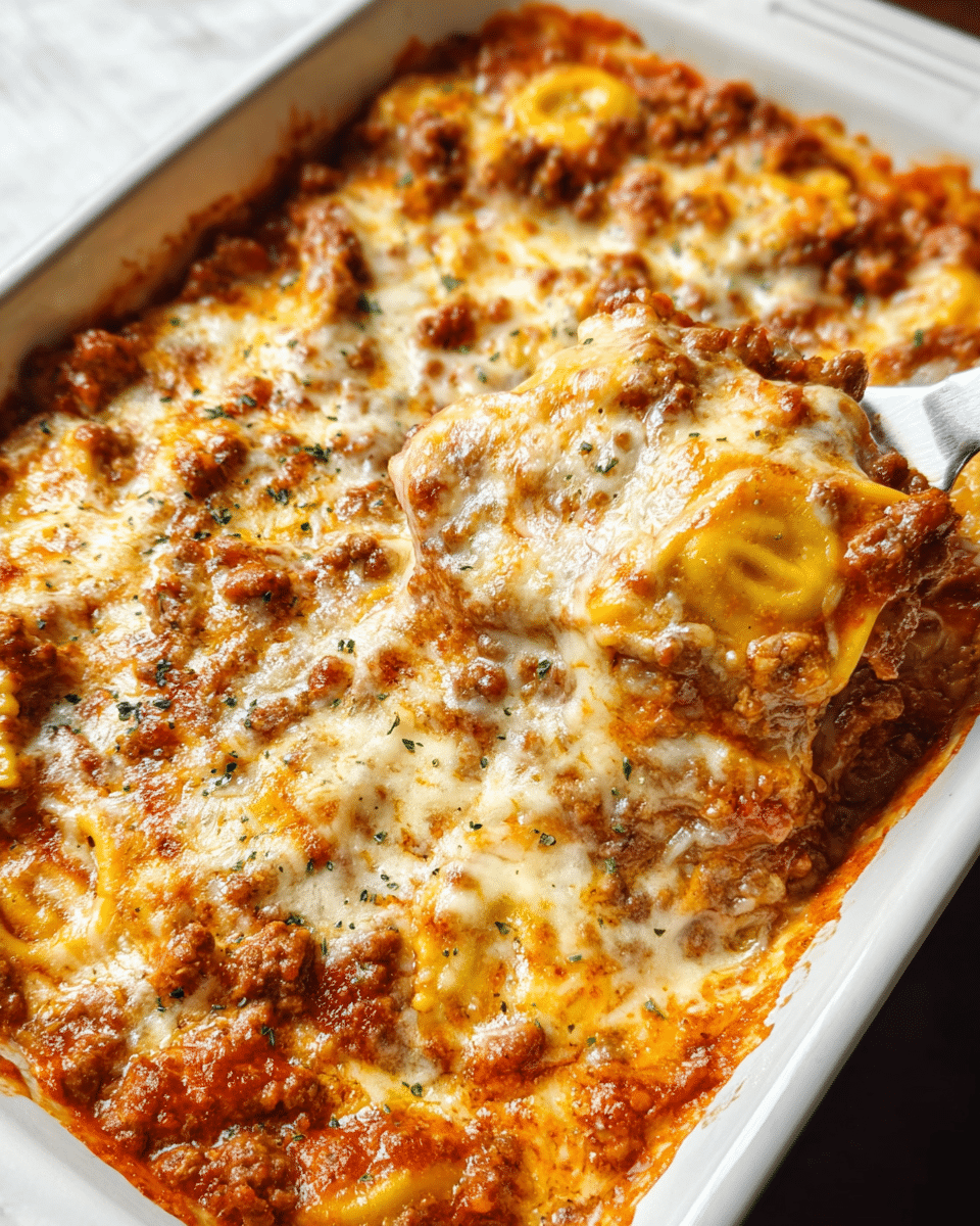 Cheesy baked ravioli fresh from oven with melted cheese