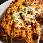 cheesy baked spaghetti casserole fresh from oven