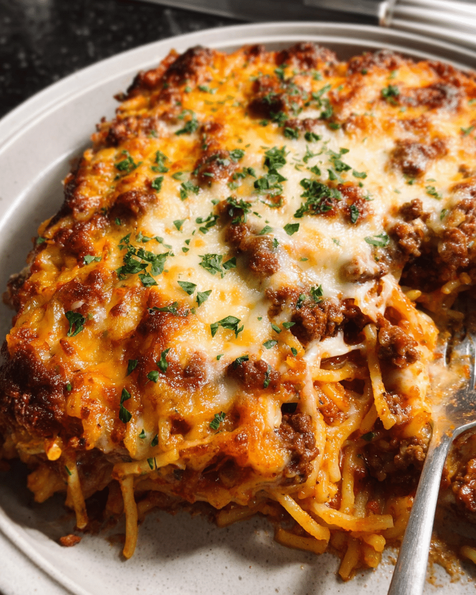 cheesy baked spaghetti casserole fresh from oven