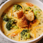 creamy cheesy broccoli cheddar soup in a bowl