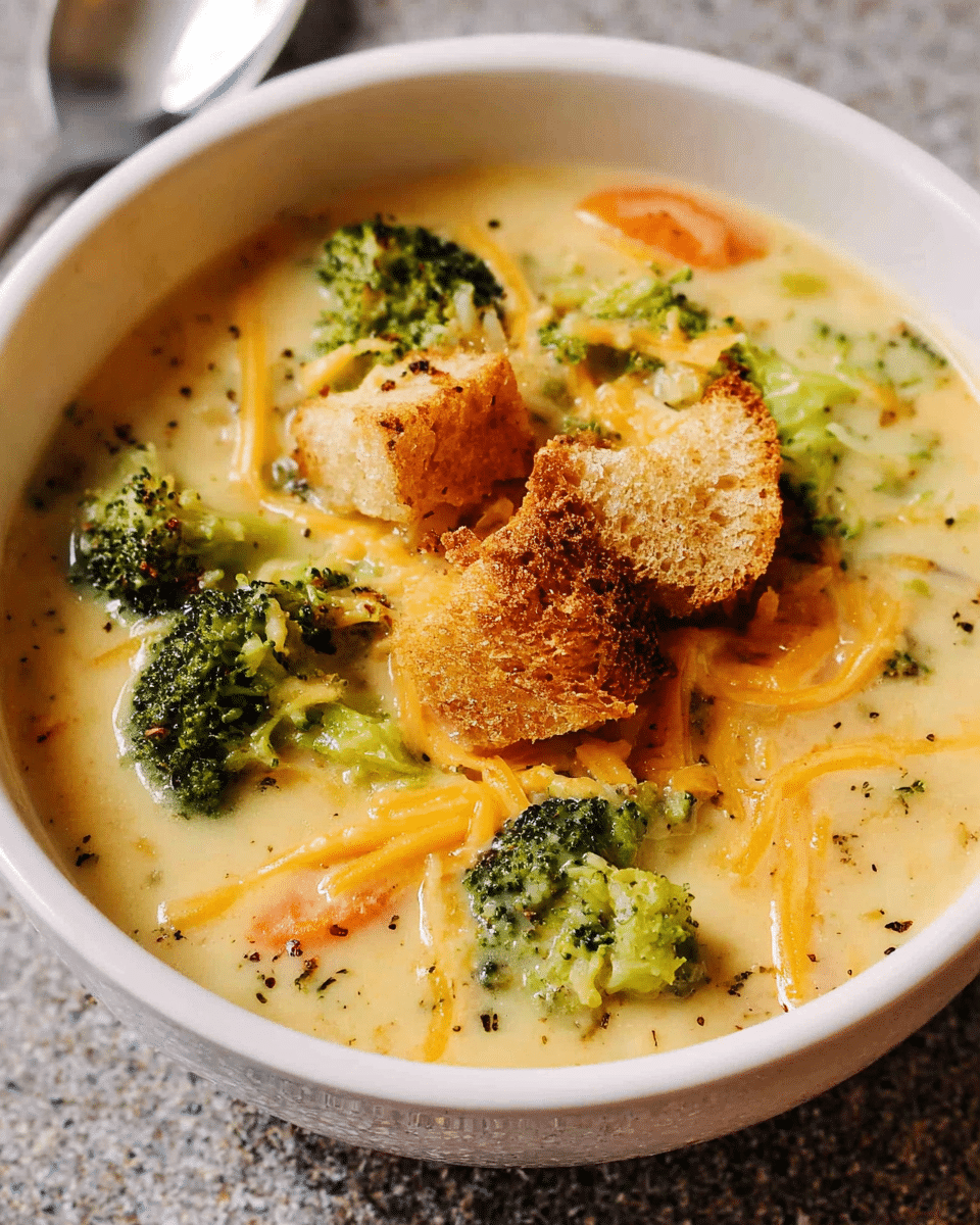 creamy cheesy broccoli cheddar soup in a bowl
