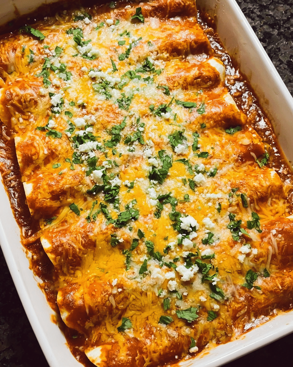 Cheesy chicken enchiladas baked with melted cheese