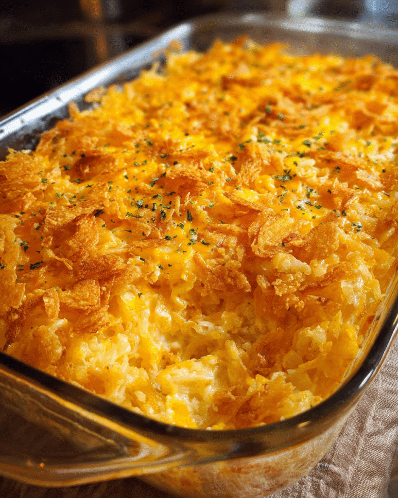 cheesy hashbrown casserole fresh from oven golden and creamy