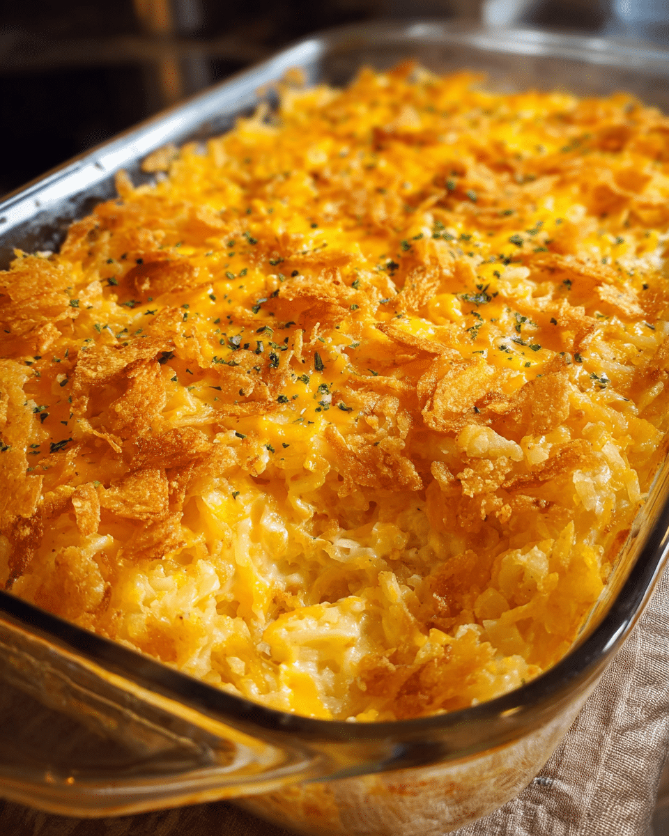 cheesy hashbrown casserole fresh from oven golden and creamy