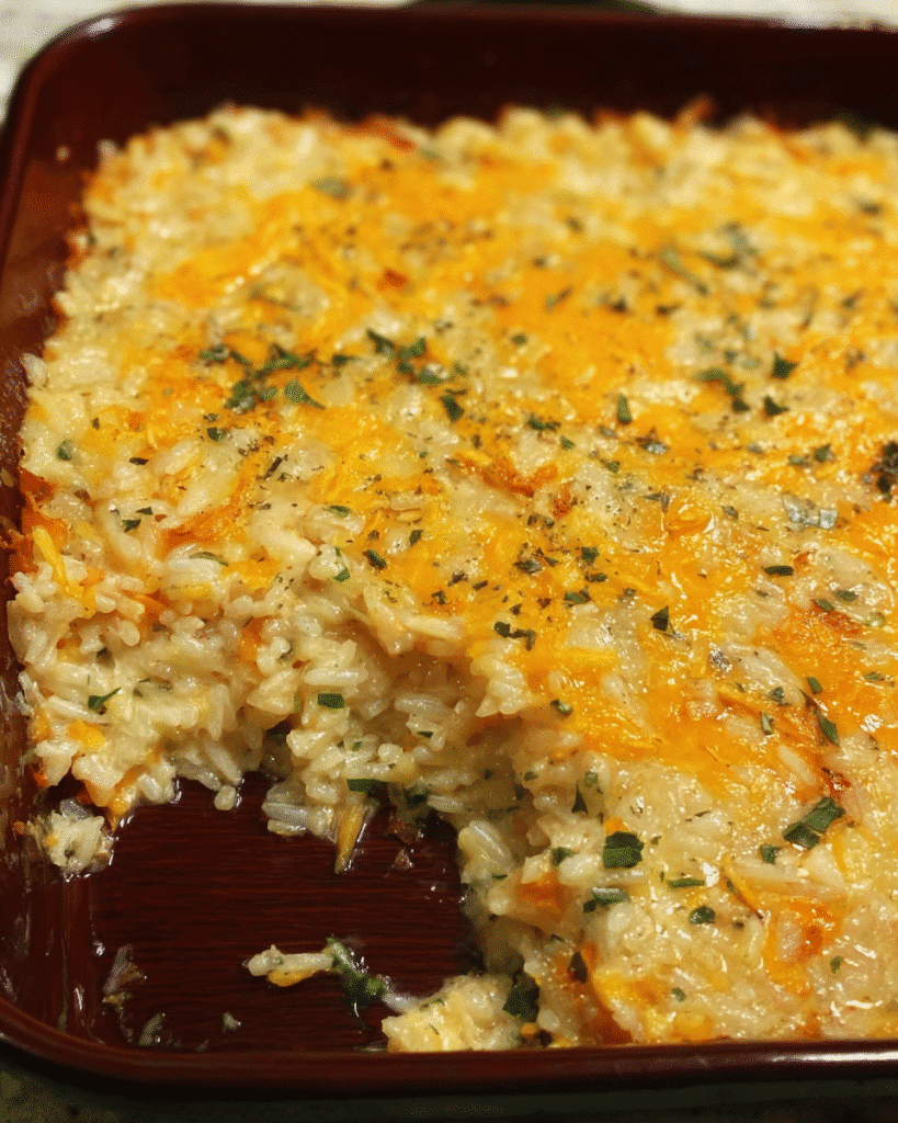 cheesy rice casserole fresh from oven