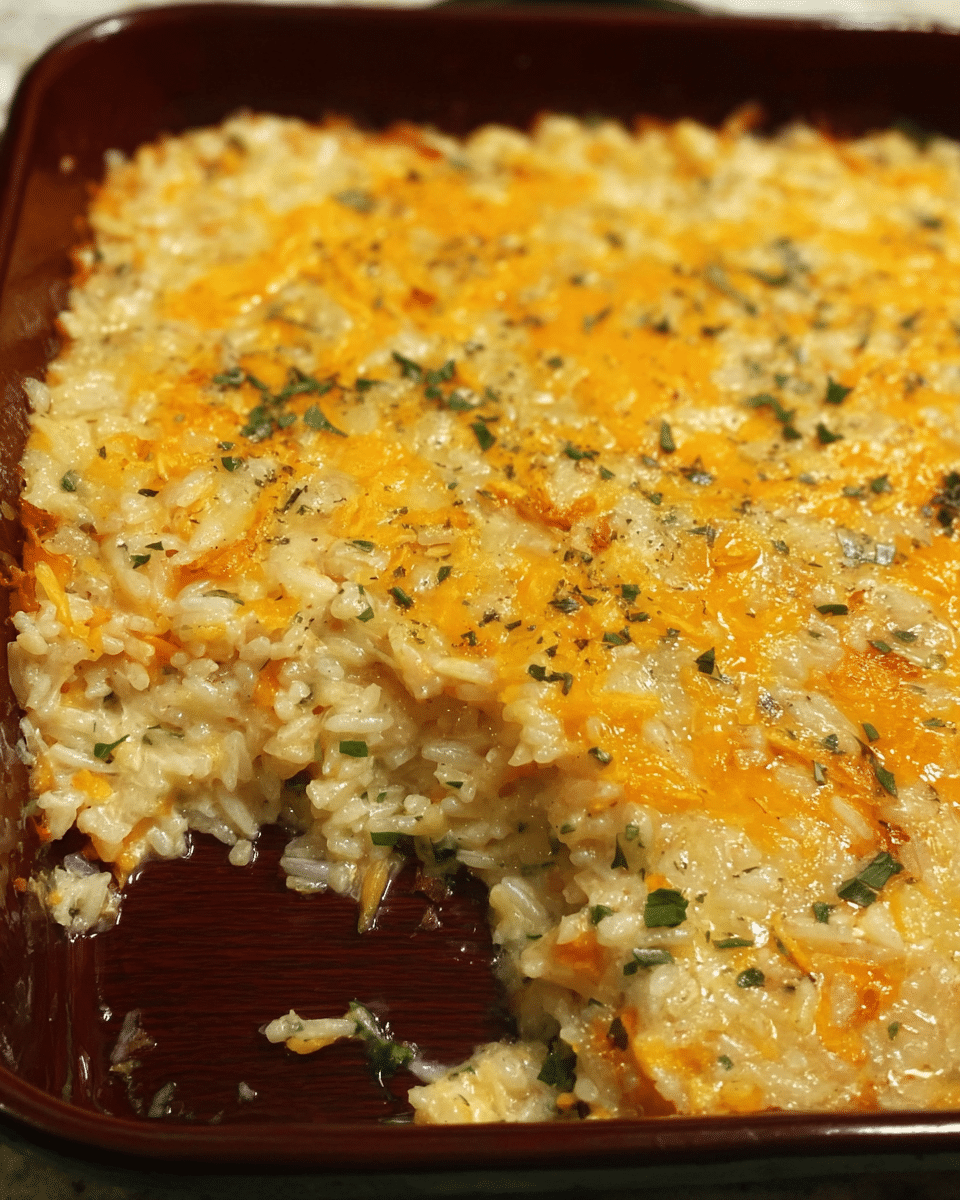 cheesy rice casserole fresh from oven