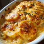 Cheesy scalloped potatoes baked golden in casserole dish