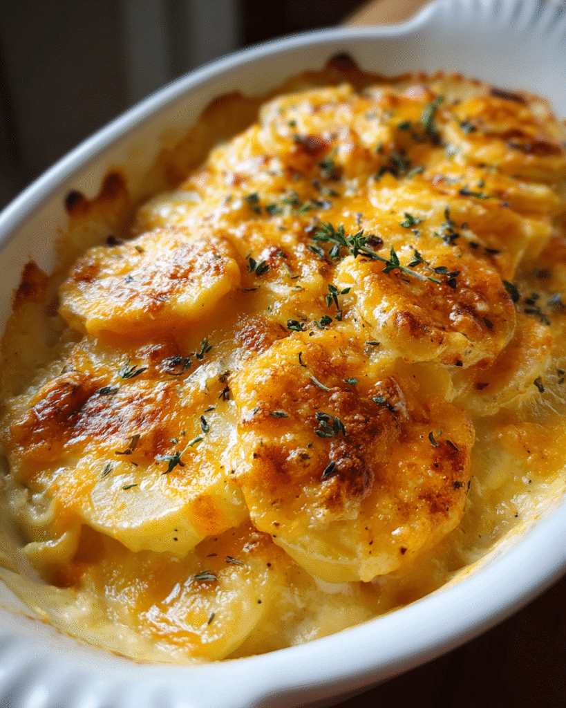 Cheesy scalloped potatoes baked golden in casserole dish