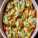 Cheesy stuffed pasta shells baked with marinara and spinach ricotta filling