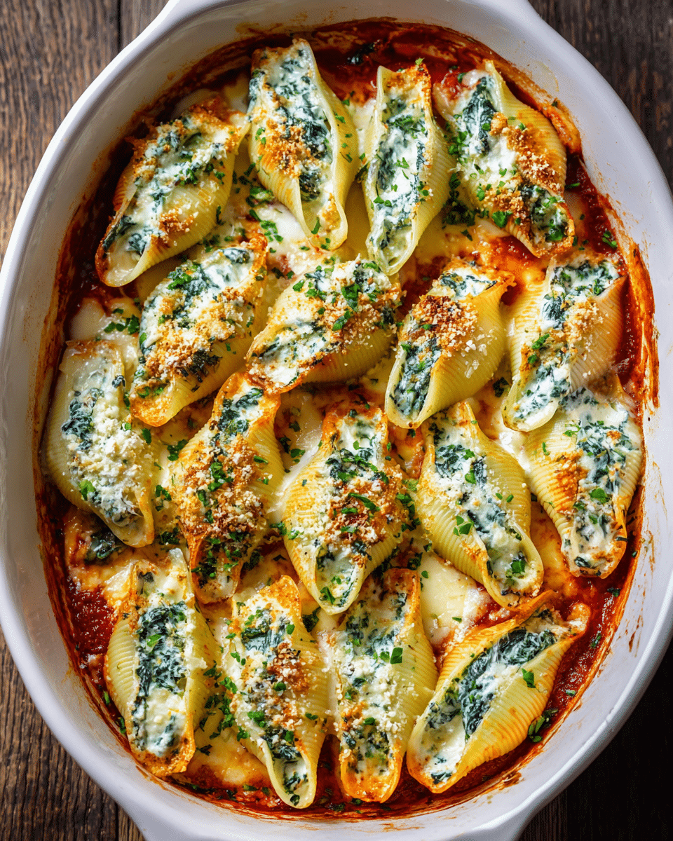 Cheesy stuffed pasta shells baked with marinara and spinach ricotta filling
