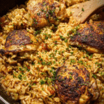 chicken and rice comfort bowl served in skillet