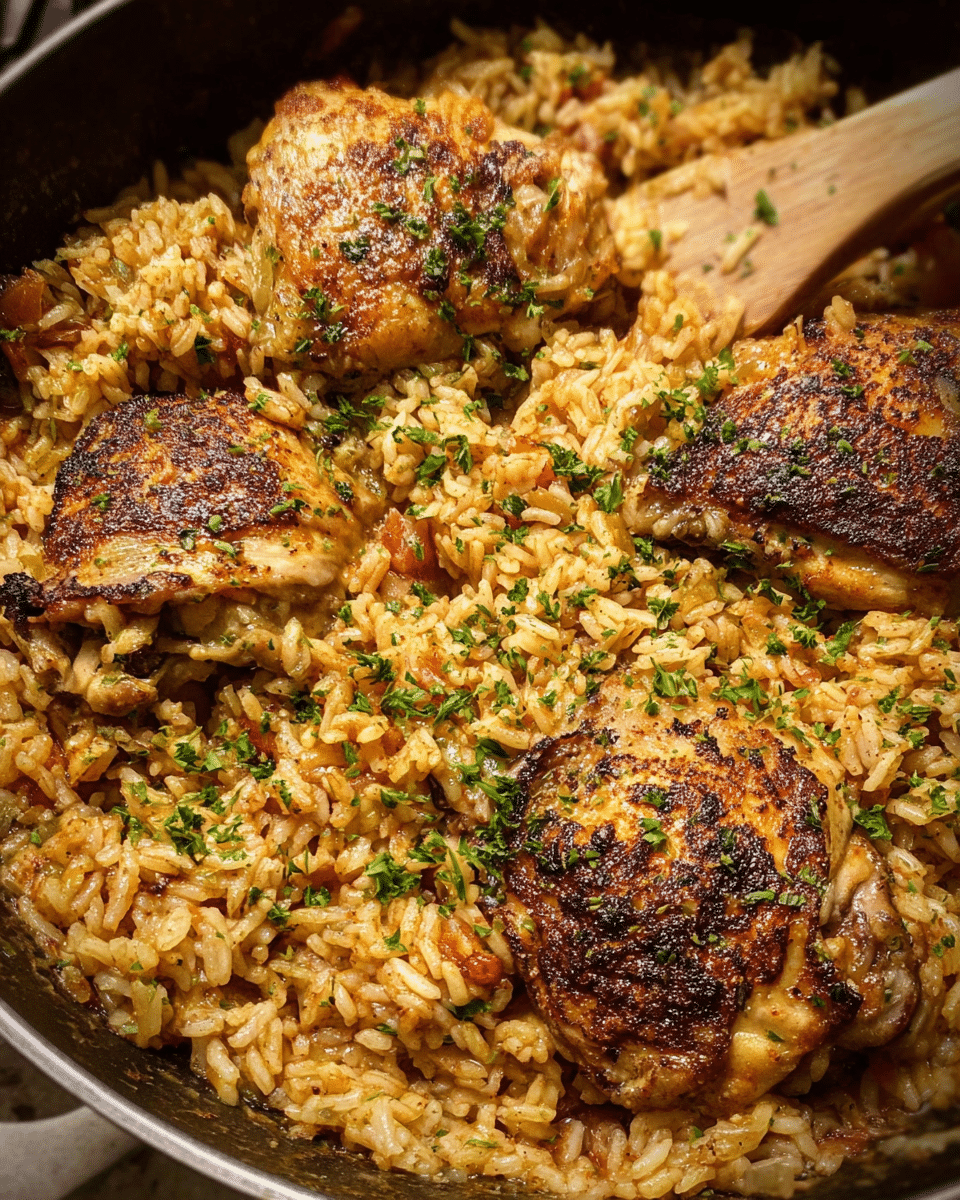 chicken and rice comfort bowl served in skillet
