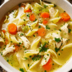 chicken noodle soup homemade served in a bowl with carrots noodles and shredded chicken