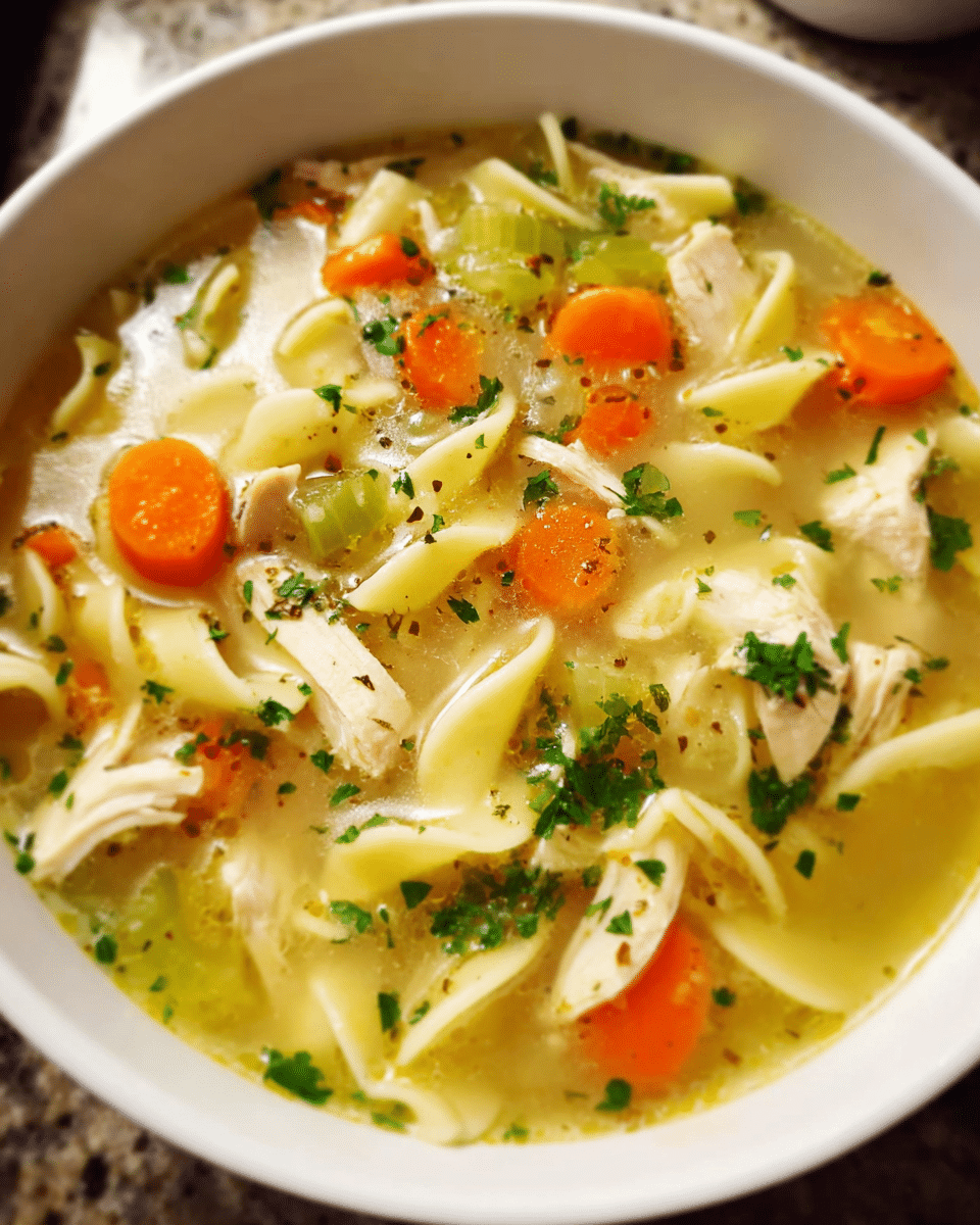 chicken noodle soup homemade served in a bowl with carrots noodles and shredded chicken