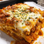 Classic homemade lasagna layered with cheese and meat sauce