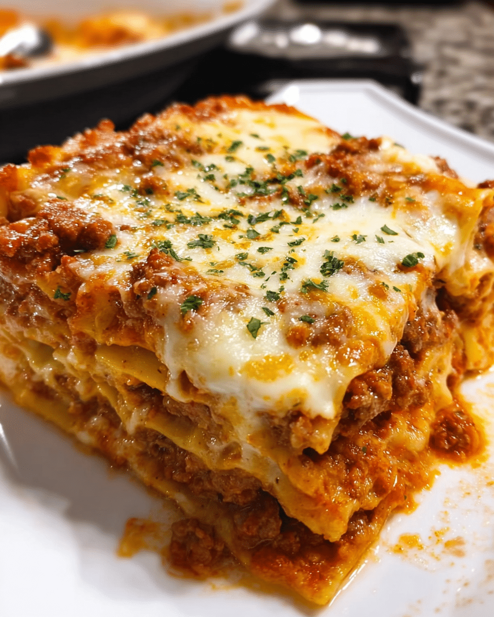 Classic homemade lasagna layered with cheese and meat sauce