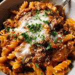 creamy beef pasta skillet served with parmesan and parsley