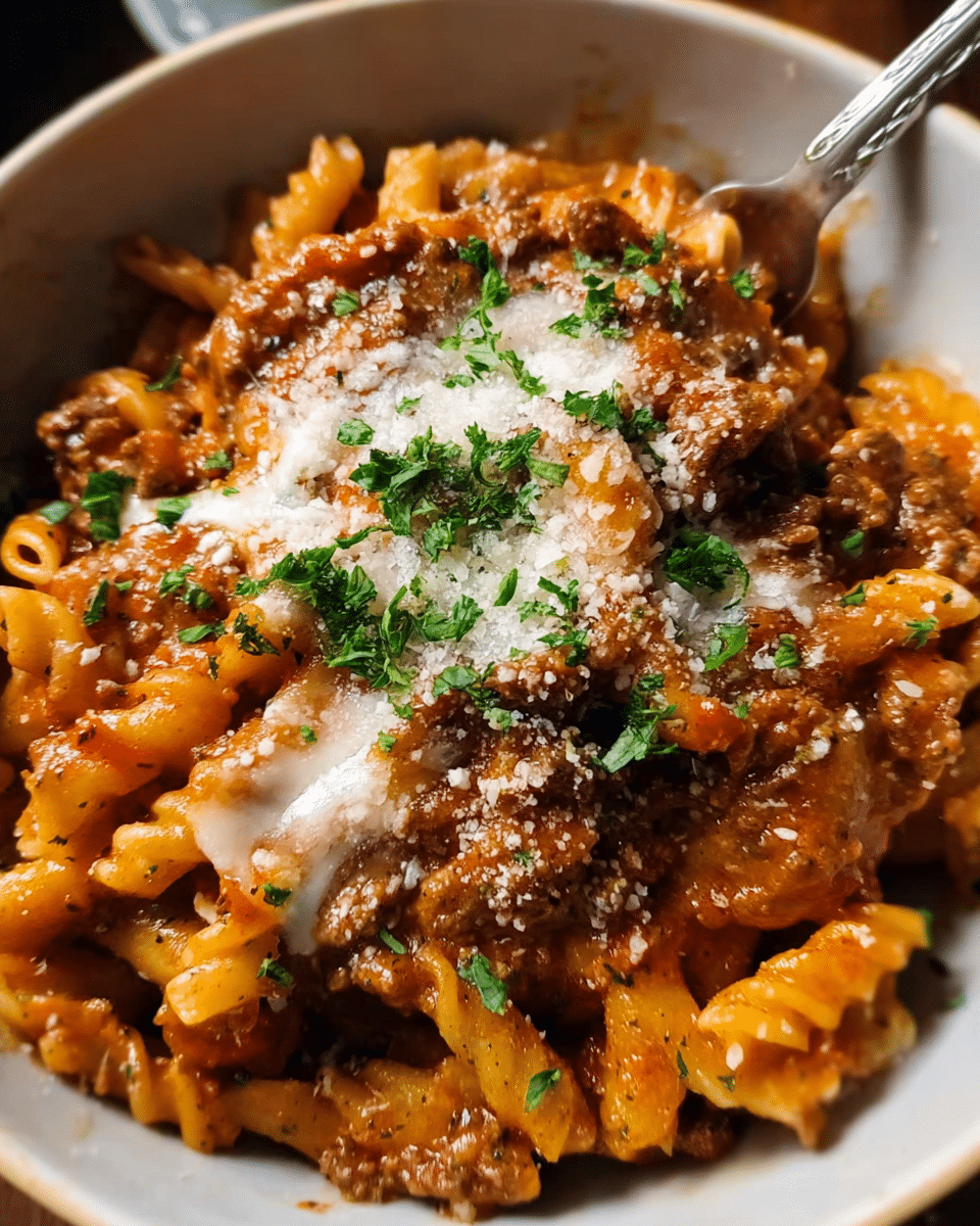 creamy beef pasta skillet served with parmesan and parsley