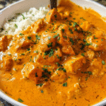 creamy butter chicken comfort style in skillet with rice