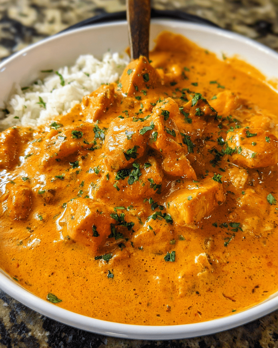 creamy butter chicken comfort style in skillet with rice