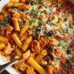 creamy baked chicken pasta with melted cheese