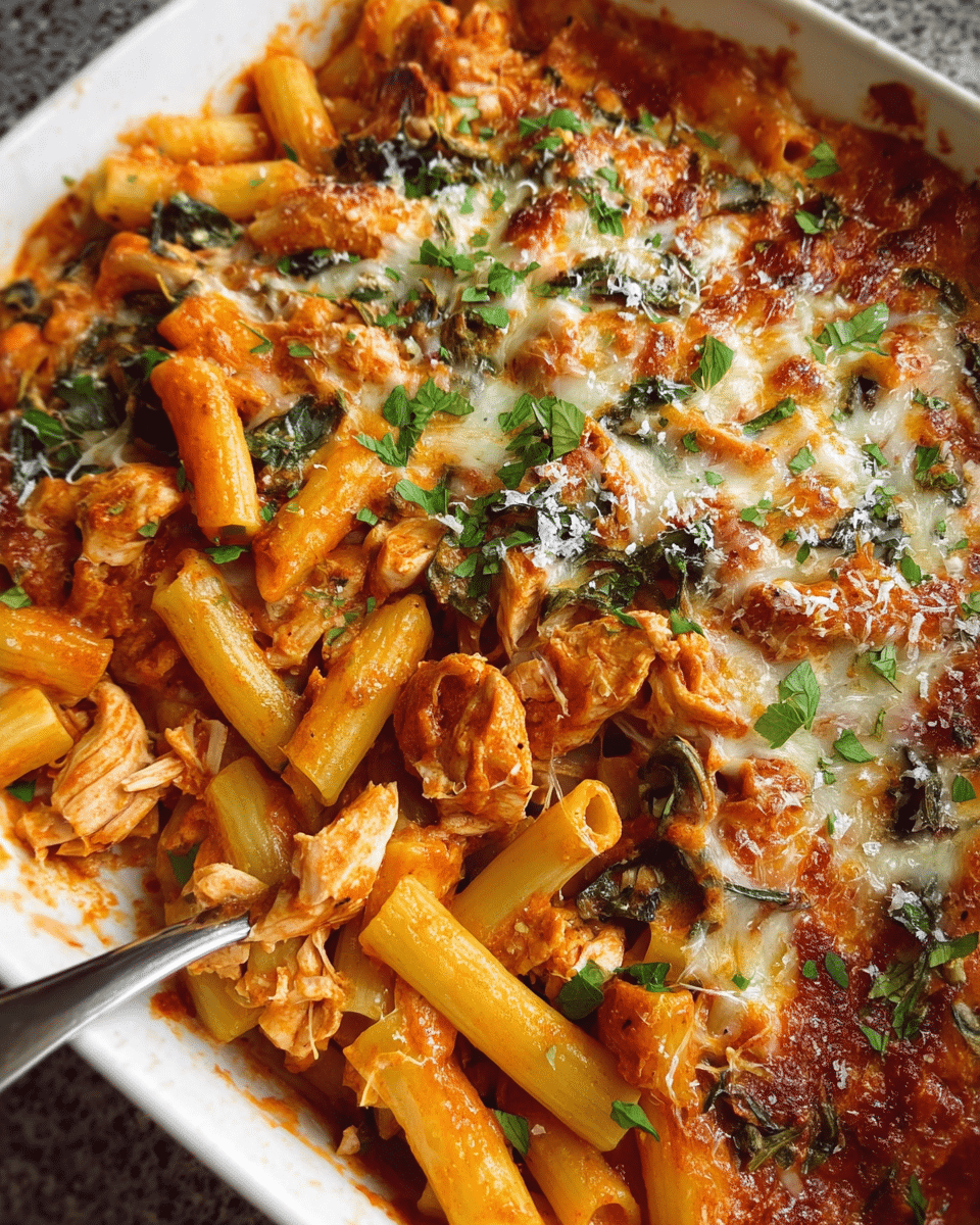 creamy baked chicken pasta with melted cheese